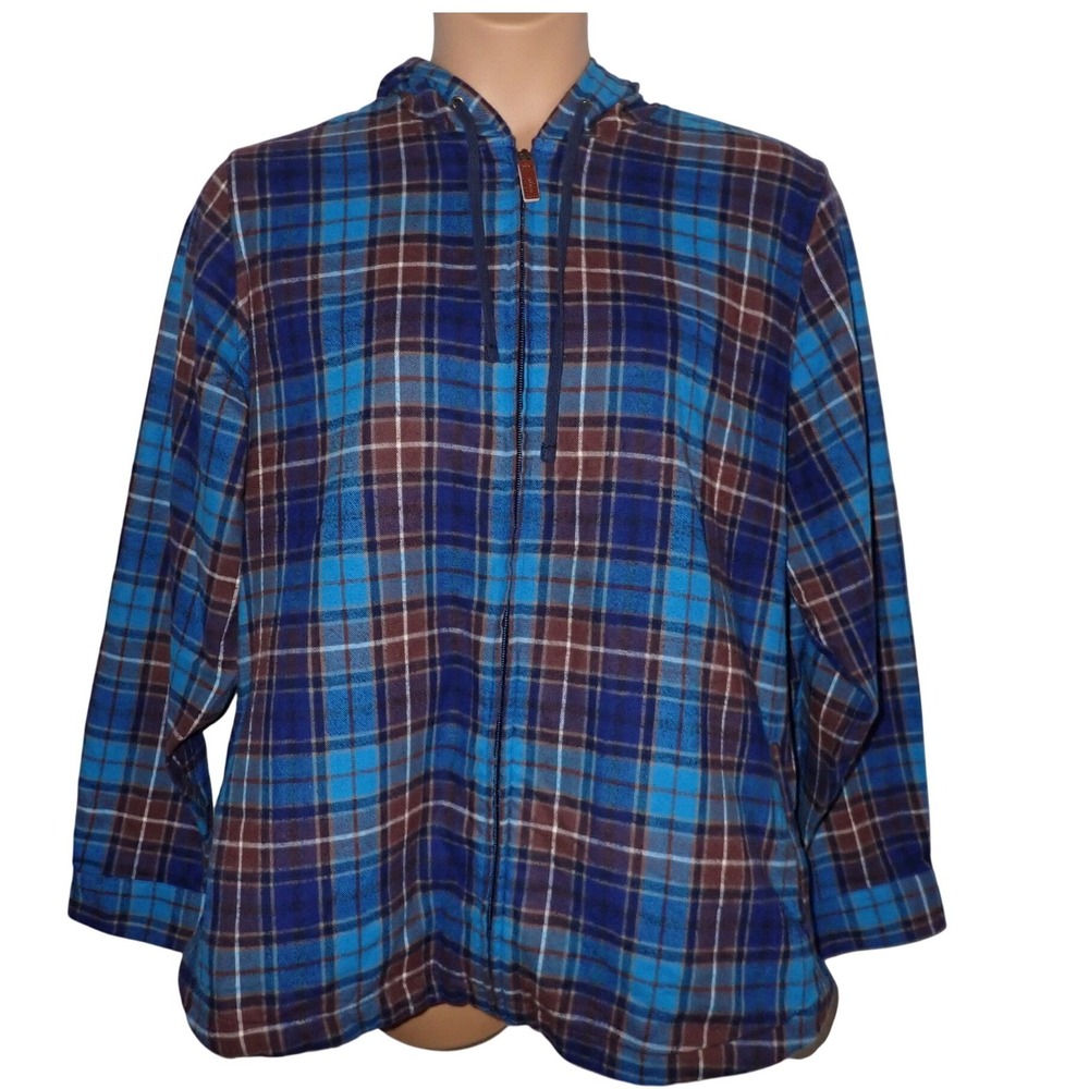 L.L. Bean Women Plaid Flannel Zip Hoodie Blue Brown 2X Relaxed Fit Sweatshirt